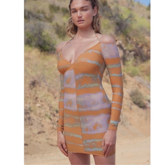 SKIMS JELLY SHEER OFF THE SHOULDER halter medium MINI DRESS bodycon long sleeve - Picture 5 of 5